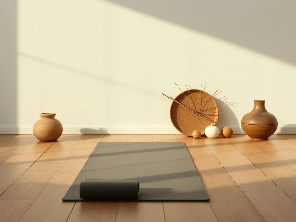 Un tapis de yoga vert clair déroulé sur un parquet, avec une brique en liège et une sangle posées à côté dans une pièce lumineuse.