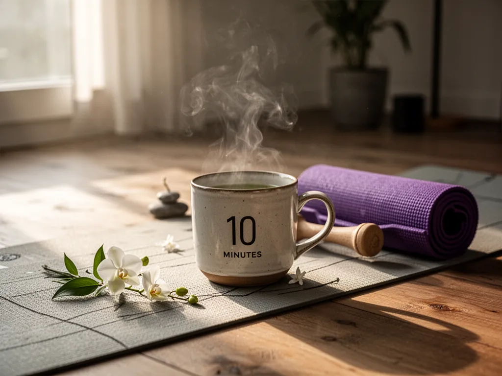Une tasse posée sur une table près d'une fenêtre, lumière du matin, tapis de yoga en arrière-plan