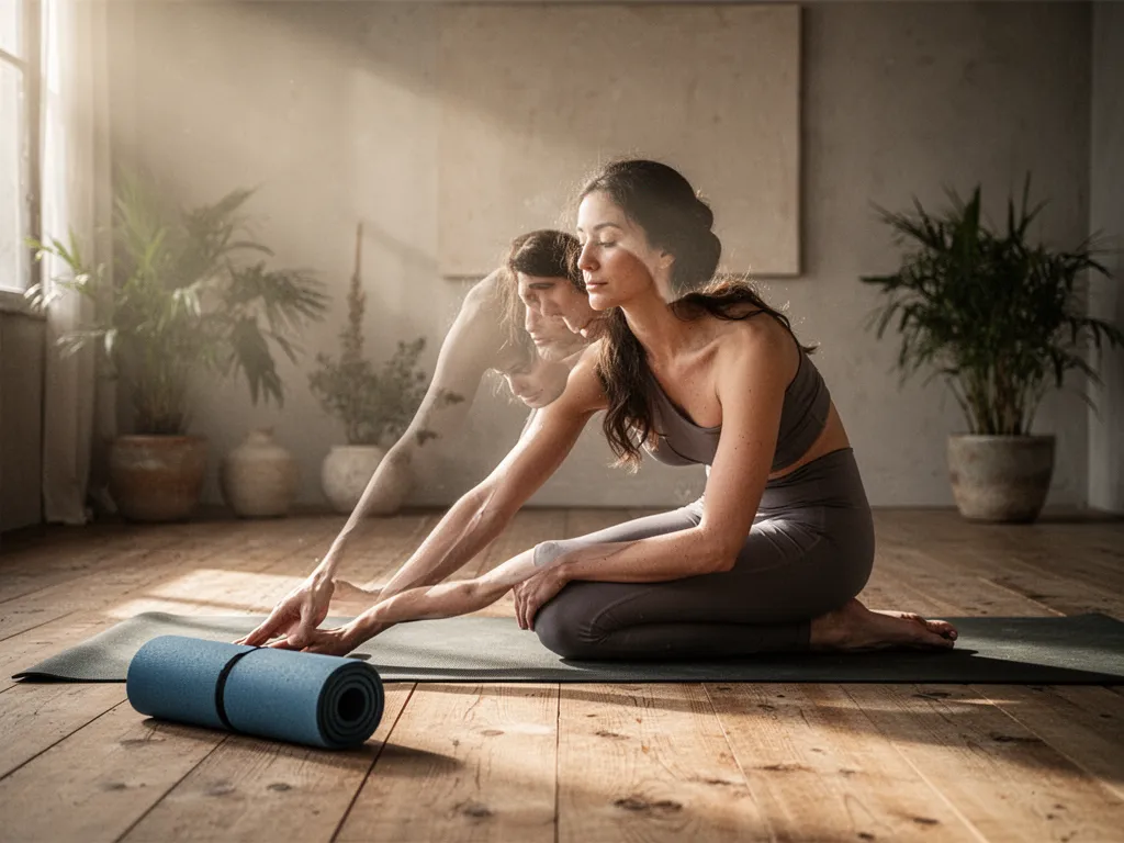 Une femme déroule un tapis de yoga dans son salon, meubles en arrière-plan, lumière douce