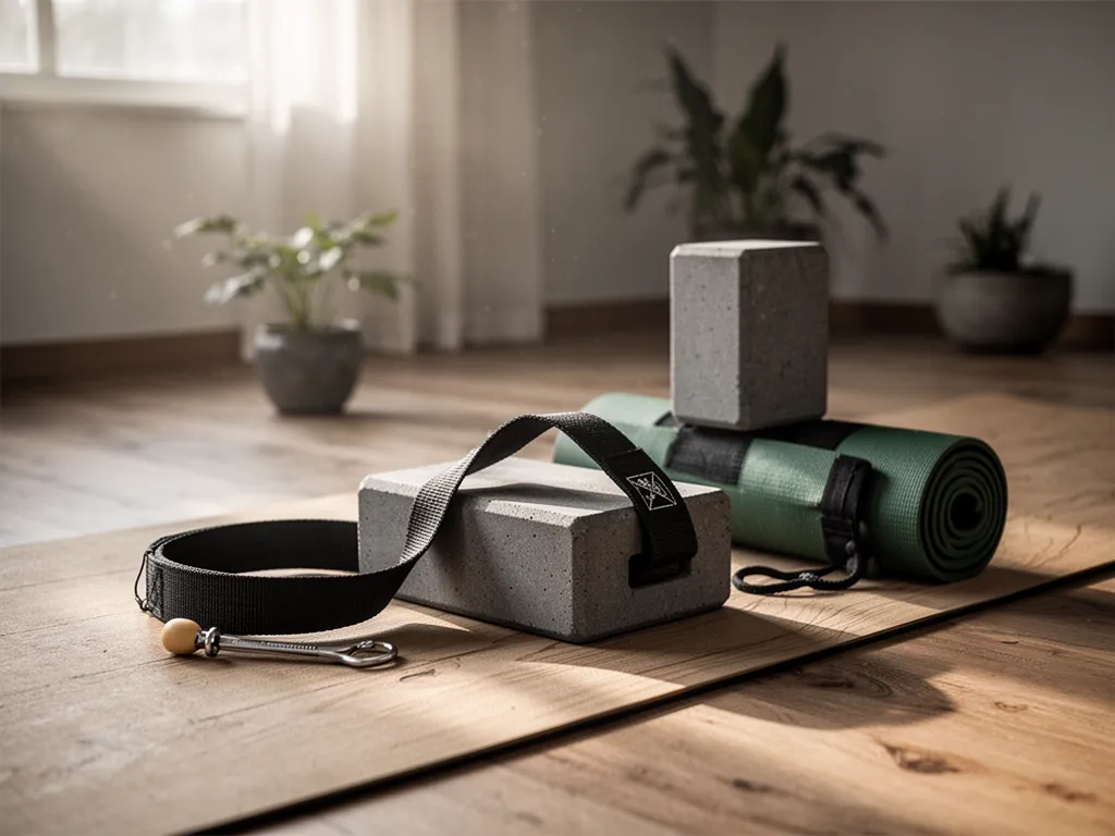 Une brique de yoga en liège et une sangle en coton posées côte à côte sur un tapis de yoga vert, avec une plante d'intérieur à l'arrière-plan.