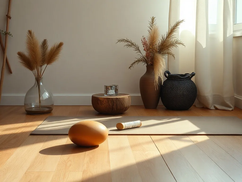 Une brique de yoga en liège et une sangle en coton posées sur un tapis