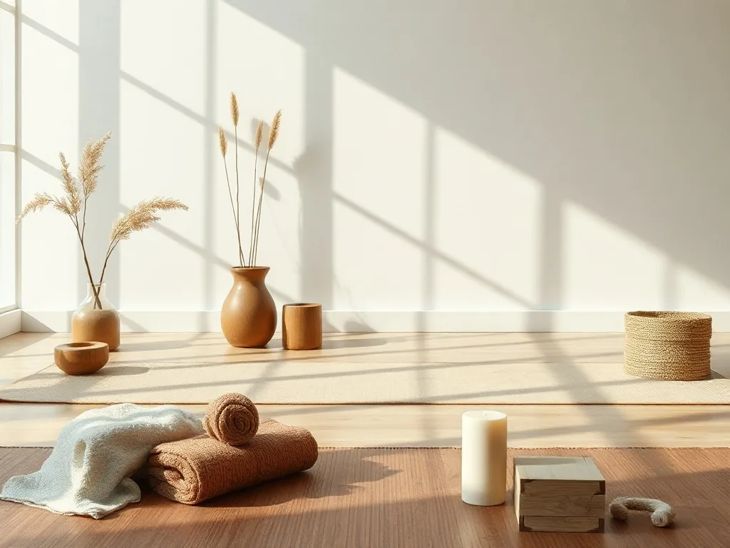 Une pratiquante allongée en posture du sphinx sur un tapis de yin yoga, les coudes au sol et le buste relevé, dans un salon baigné de lumière douce, un bolster et des blocs à proximité.