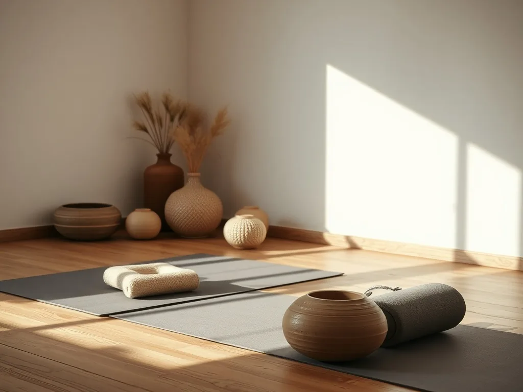 Une femme enceinte assise en tailleur sur un tapis de yoga, les mains posées sur le ventre, dans une pièce lumineuse et épurée.