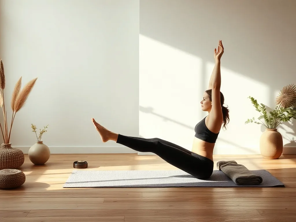 Une personne réalisant la posture du chien tête en bas sur un tapis de yoga, avec un tableau des postures accroché au mur en arrière-plan.