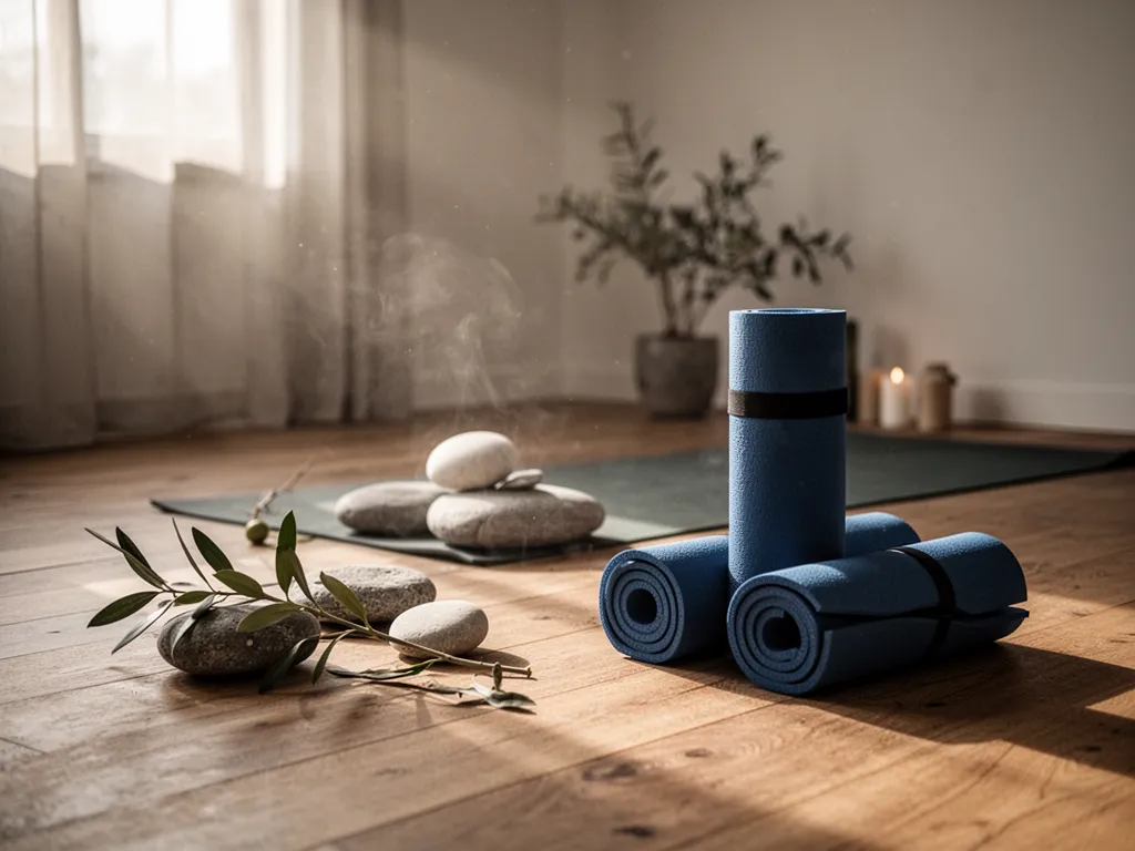 Une femme pratique une posture douce de yoga au sol sur un tapis dans un salon lumineux pour soulager le bas du dos