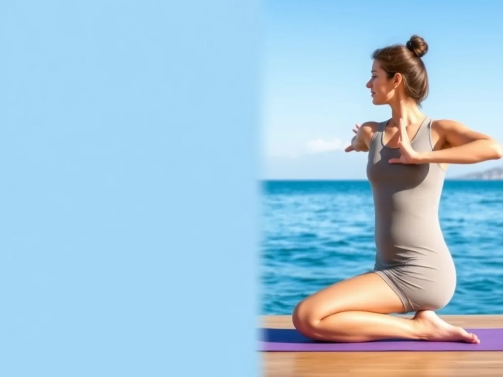 Une femme assise sur un tapis de yoga dans un salon lumineux, elle fait un étirement du dos en douceur. Un ordinateur portable à côté diffuse une chaîne YouTube.