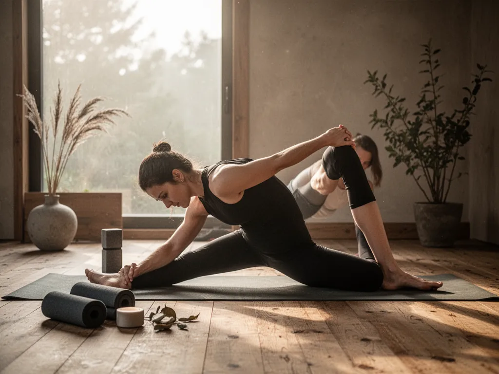 Une femme pratique une posture de yoga au sol sur un tapis dans un salon lumineux, le dos étiré et les bras allongés