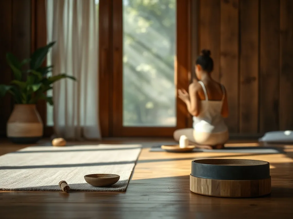 Une femme assise en tailleur sur un tapis, un manuel de yoga ouvert devant elle posé sur une brique, dans un salon lumineux avec une plante verte à côté. Elle sourit légèrement, les mains sur les genoux.
