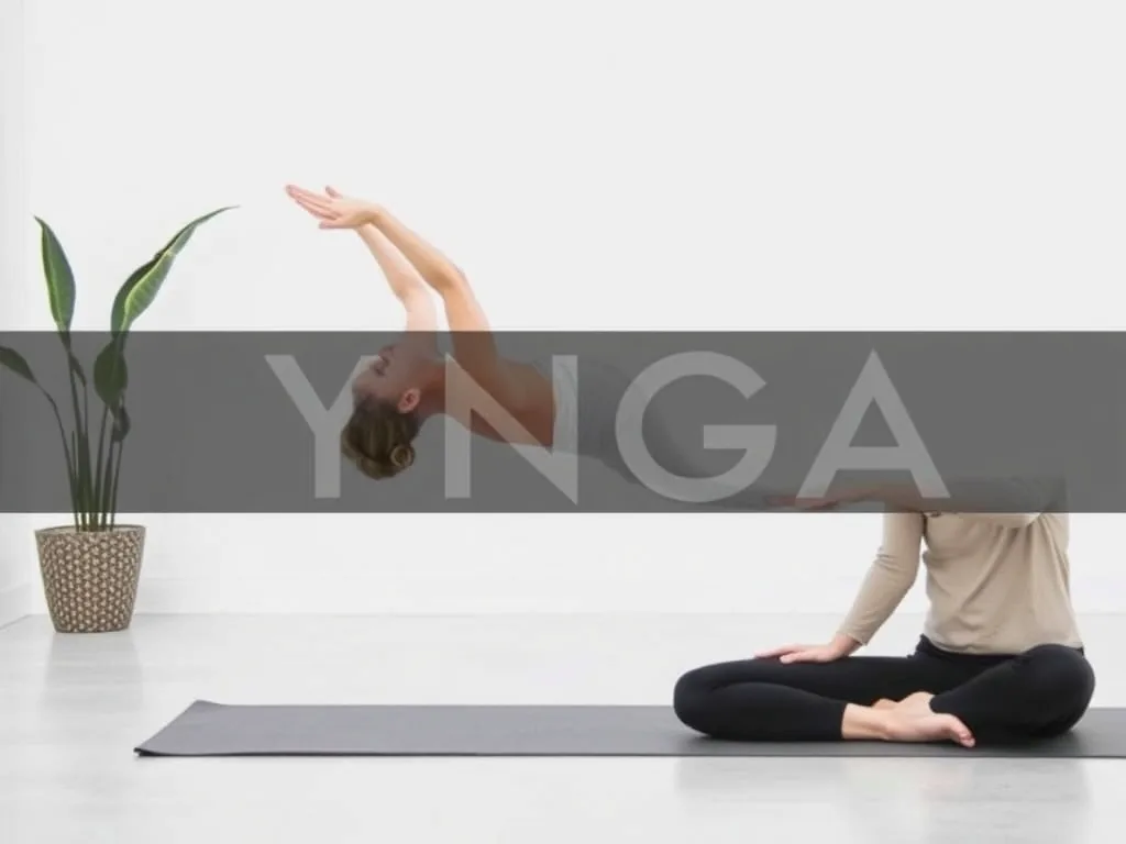 Une femme assise en tailleur devant un ordinateur portable, un carnet de notes ouvert à côté et une brique de yoga au sol dans un salon lumineux