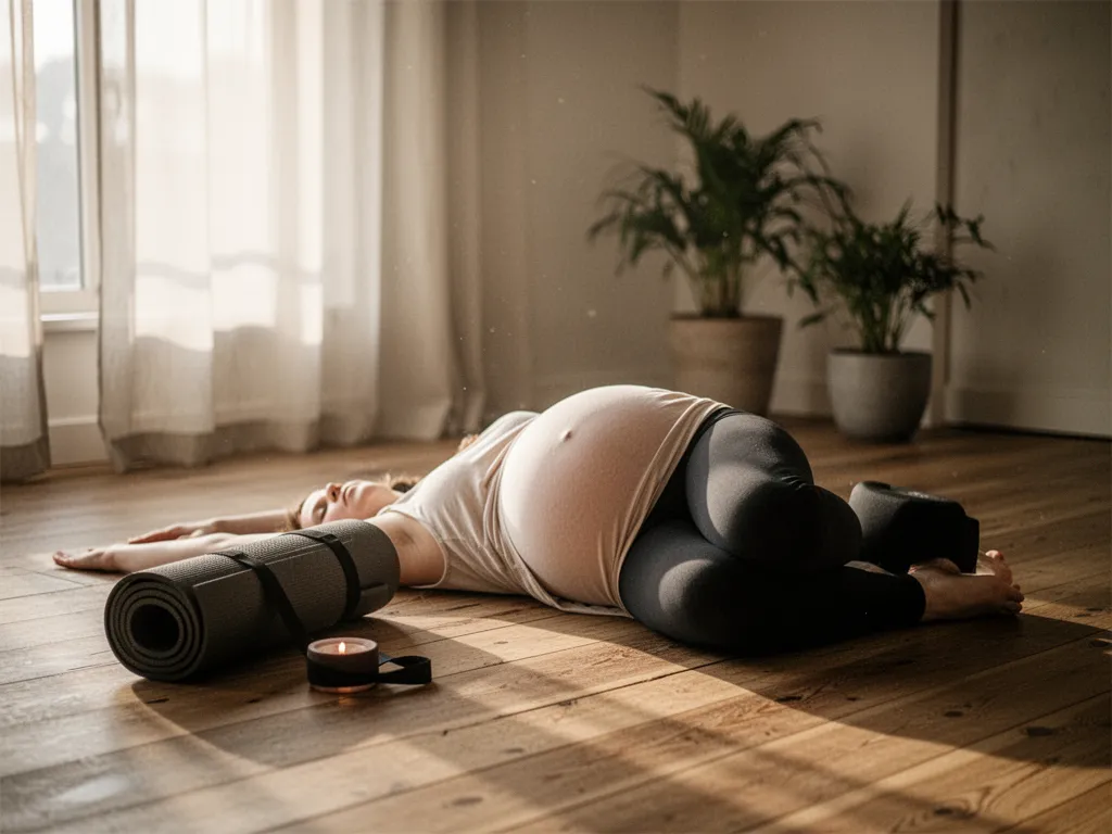 Une professeure de yoga ajuste doucement la posture d'une femme enceinte pendant une séance, toutes deux sont assises sur des tapis dans une salle claire