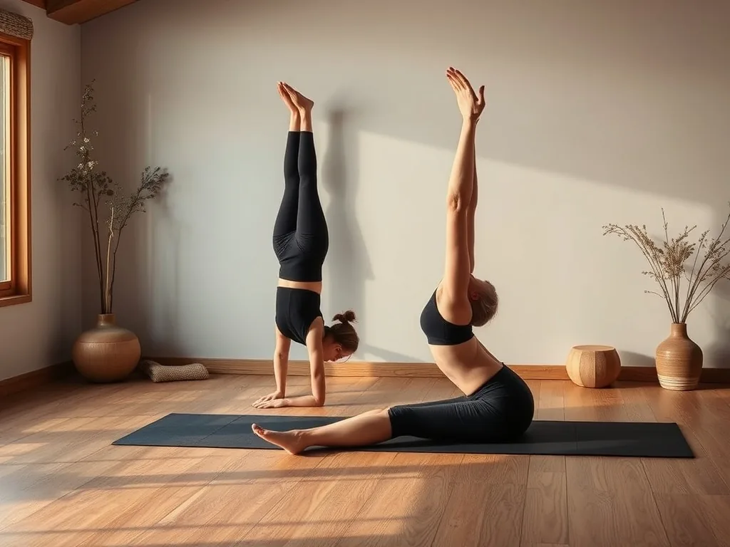 Une femme allongée sur le dos, jambes appuyées contre un mur, dans une posture de yoga douce, chez elle.