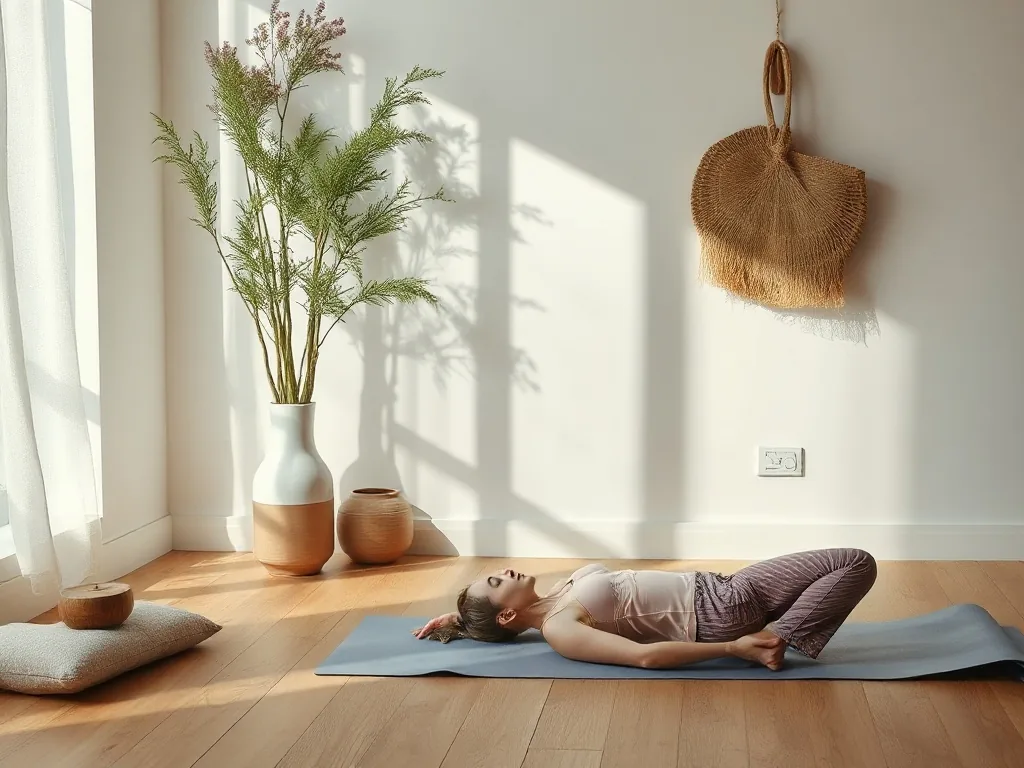 Une femme assise sur un tapis de yoga, une main posée sur le bas du dos, le visage légèrement crispé, dans une posture de torsion douce.