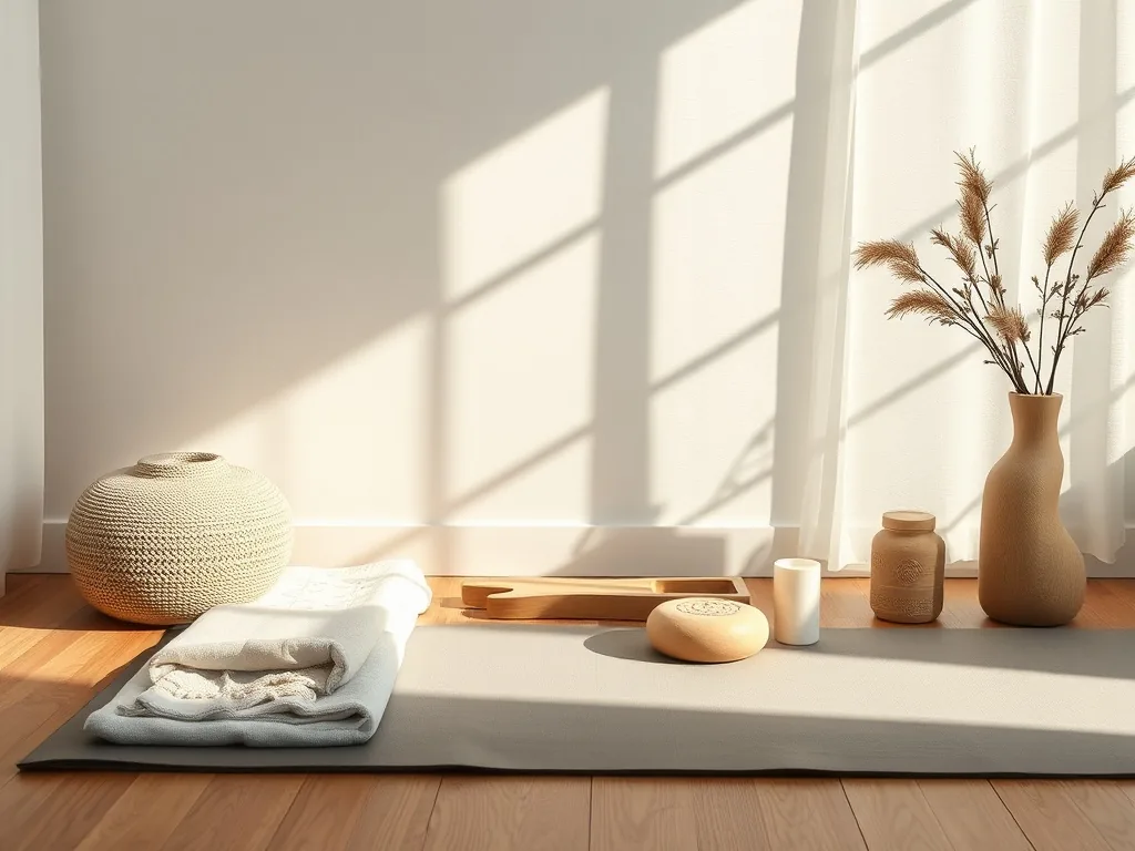 Un tapis de yoga déroulé sur un parquet, deux briques en mousse posées à côté, une sangle enroulée et un coussin de méditation en arrière-plan.