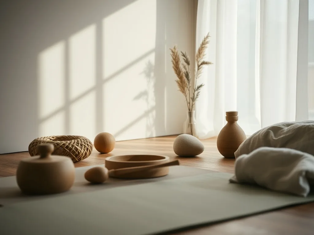 Un téléphone posé sur une brique de yoga, cadrant un tapis avec une silhouette en guerrier II, dans un salon baigné de lumière naturelle.