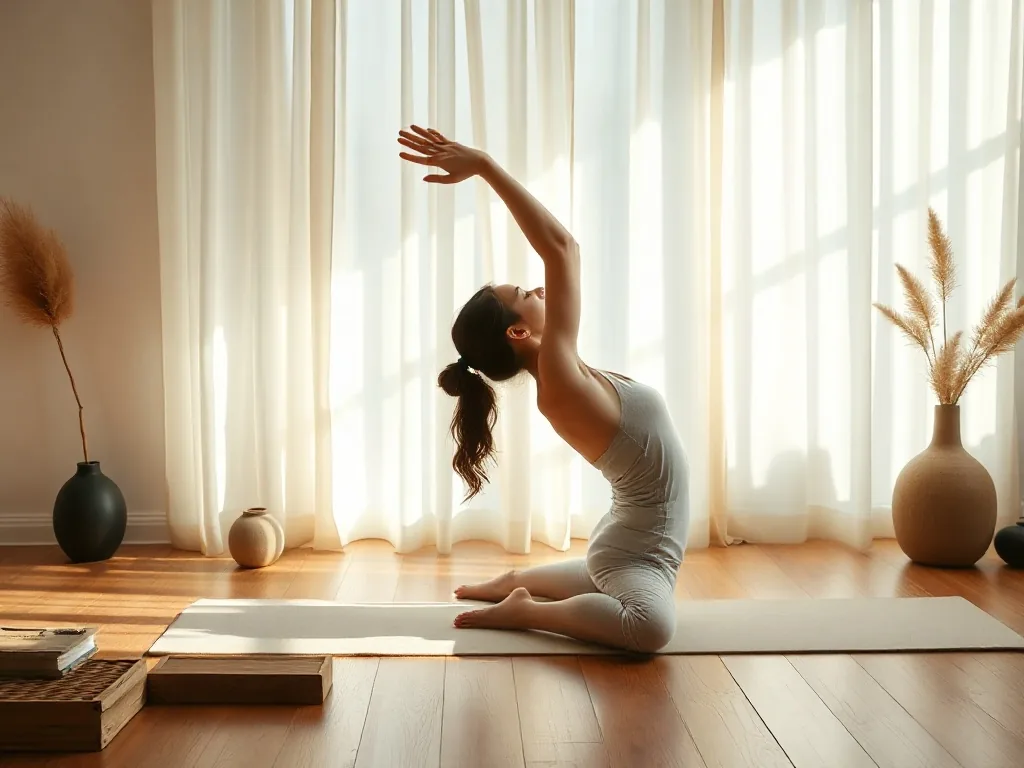 Une femme allongée sur un tapis de yoga, jambes repliées, une main sur le ventre, l'autre le long du corps, dans une posture de détente active.