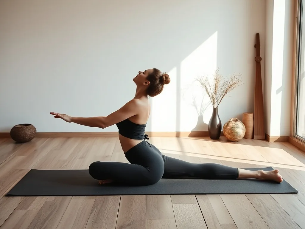 Une personne essaie la posture du corbeau sur un tapis de yoga, les mains ancrées, le regard fixe, un coussin placé devant pour amortir une éventuelle chute.