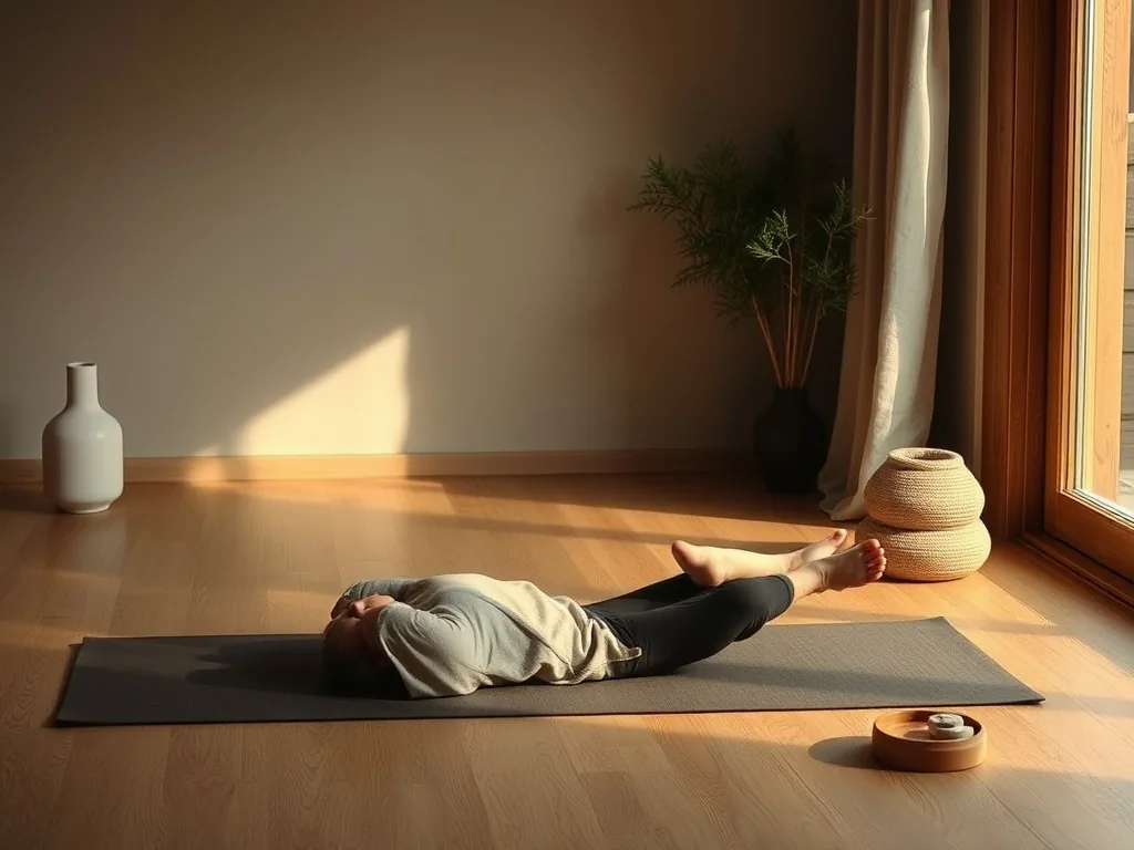 Une pratiquante en posture de la tortue sur un tapis, le dos allongé vers l'avant, les bras glissés sous les jambes