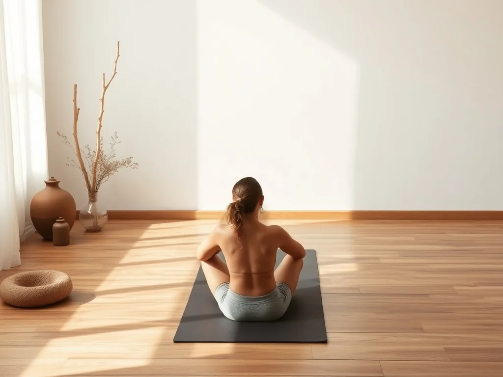 Une personne allongée dans une posture de Yin Yoga, le dos soutenu par un bolster, dans une pièce calme à la lumière douce.