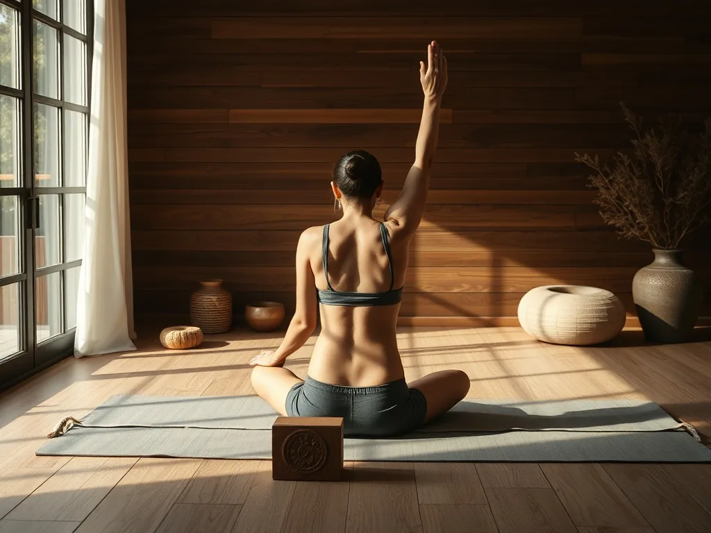 Un tapis de yoga déroulé avec une grille de mots-fléchés posée à côté, un crayon en travers des cases, lumière douce du matin.