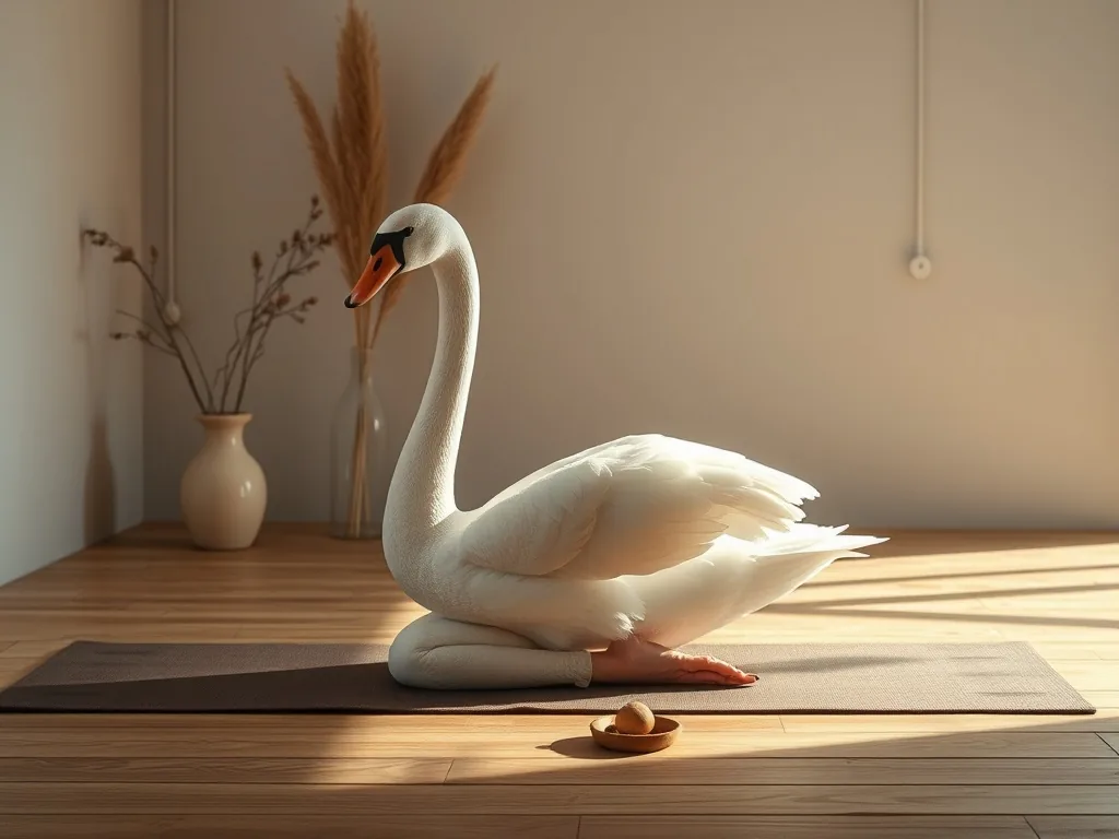 Femme en posture du cygne sur un tapis de yoga, jambe droite pliée devant, jambe gauche tendue derrière, buste incliné vers l'avant, un bolster sous le bassin, lumière douce.
