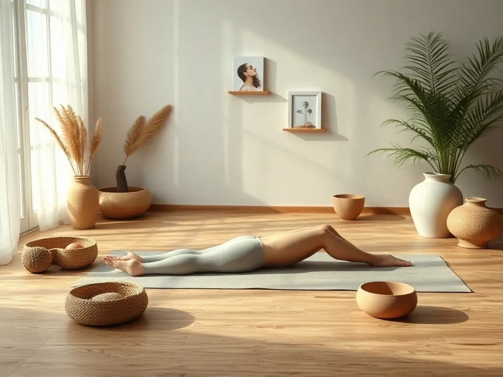 Une femme en posture du lézard sur un tapis de yoga, le genou arrière au sol, les avant-bras posés à l'intérieur de la jambe avant, le regard dirigé vers l'avant dans une pièce claire.