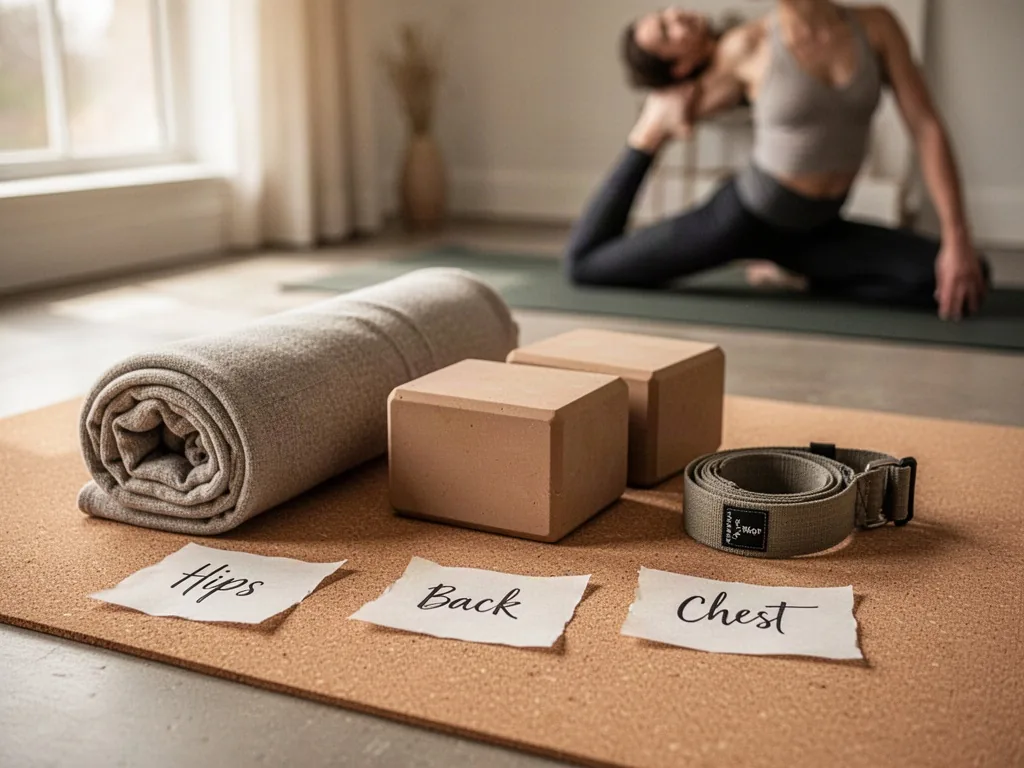 Yoga props arranged by body feeling on a cork mat, rolled blanket, blocks, strap, handwritten labels for hips back chest