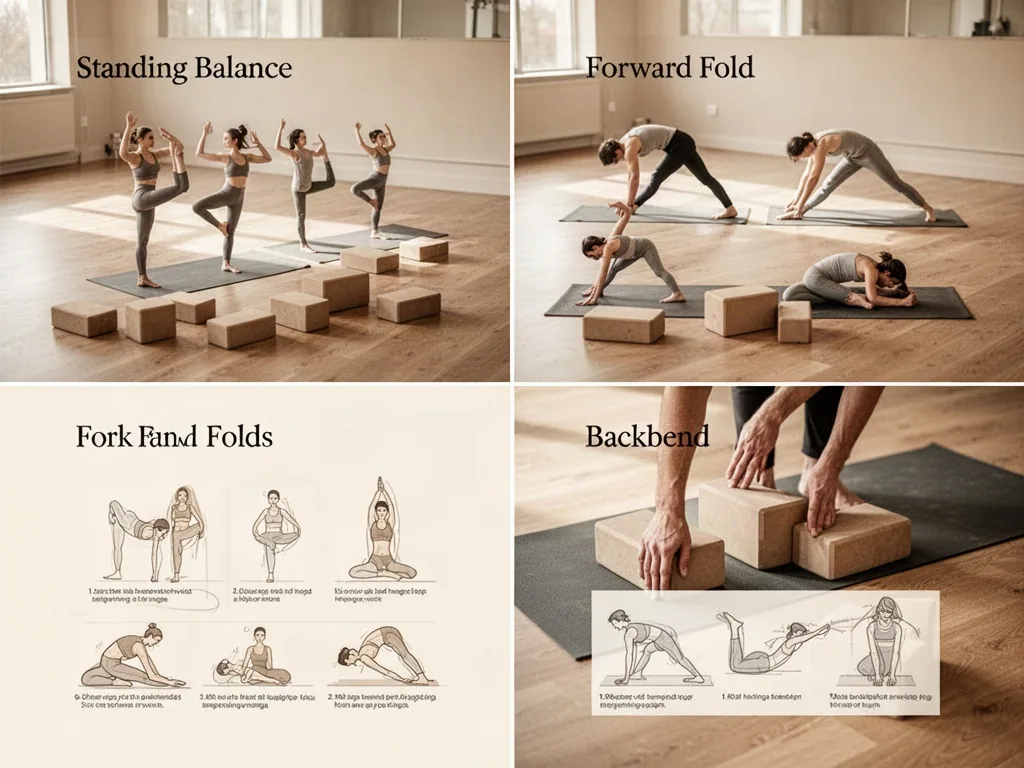 Yoga pose families shown through grouped props and diagrams on a studio floor, standing balance twist forward fold backb