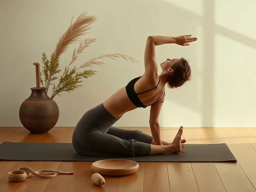 Une femme assise en posture du papillon sur un tapis de yoga, les plantes de pieds jointes, le dos droit, les mains posées sur les chevilles, dans une pièce lumineuse avec une brique à portée de main.