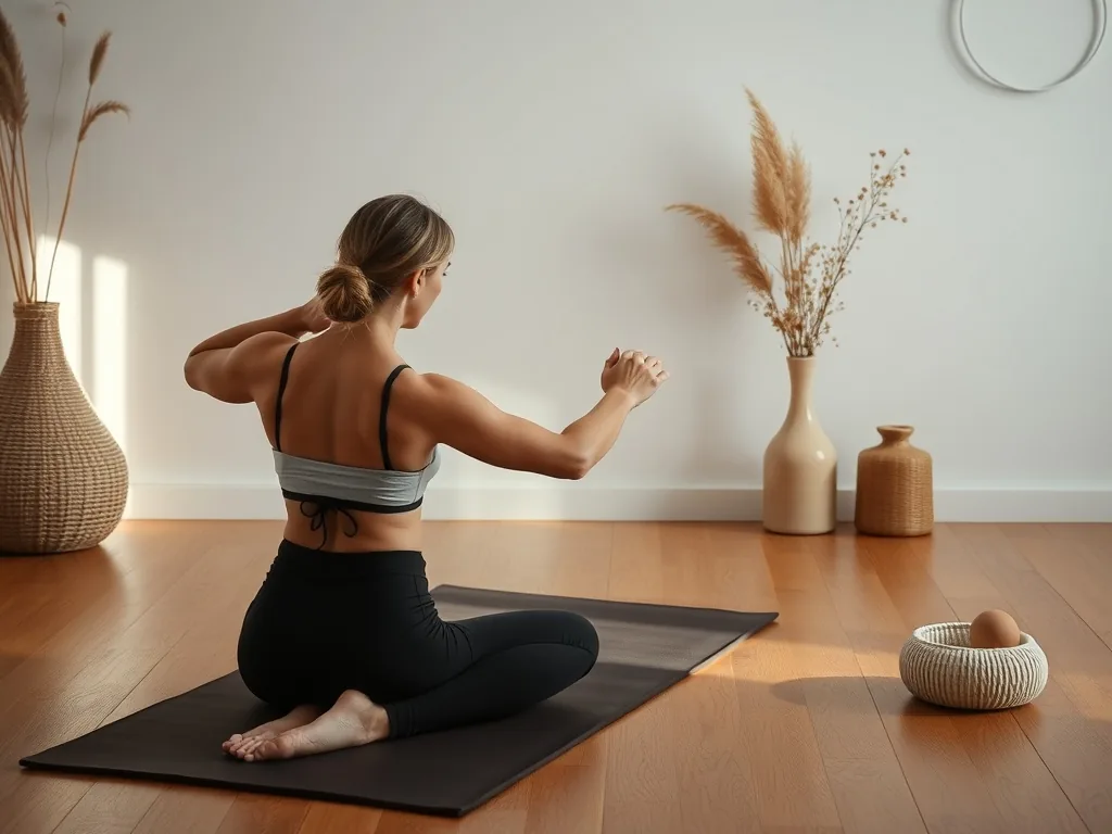 Une femme allongée sur le dos sur un tapis de yoga, genoux repliés, les mains posées sur le ventre, dans un salon baigné de lumière douce.
