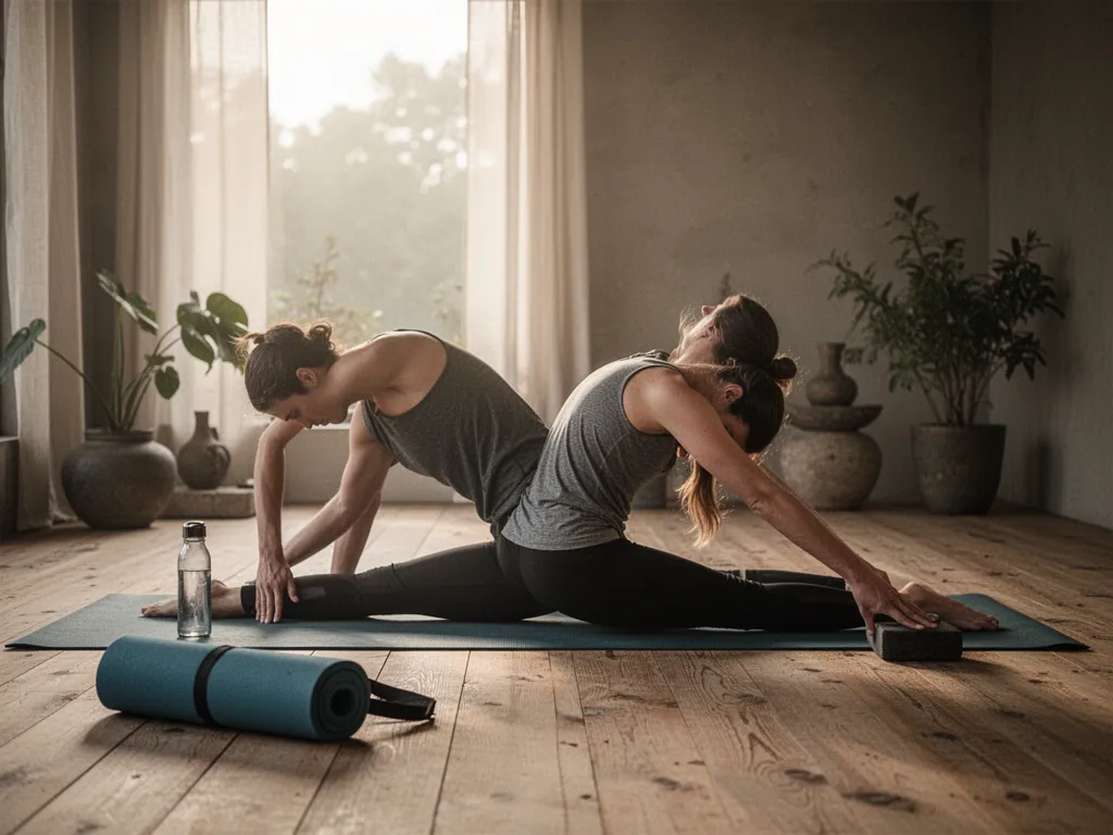 Une femme sur un tapis de yoga étire son dos en posture de l’enfant dans un salon lumineux