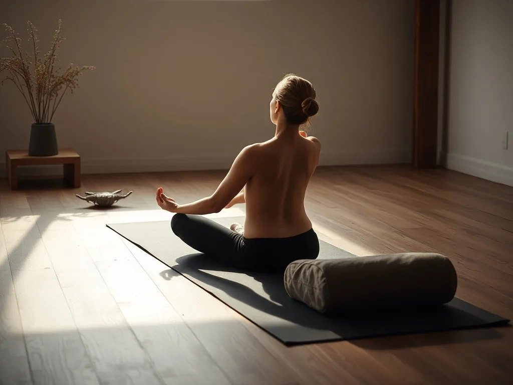 Une femme assise sur un tapis de yoga pratique une posture d'étirement du dos en tailleur, concentrée et détendue