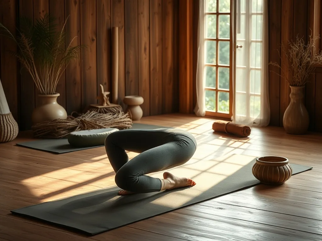 Une femme enceinte en tenue souple pratique une posture de yoga à quatre pattes sur un tapis, dos à l'horizontale, dans un salon lumineux
