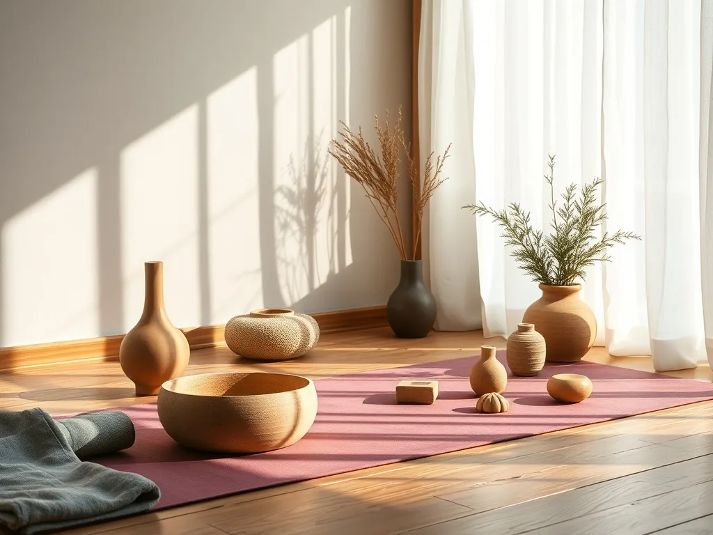 Une femme assise en tailleur sur un tapis de yoga pose dans un espace lumineux avec vue sur la nature, pendant une retraite