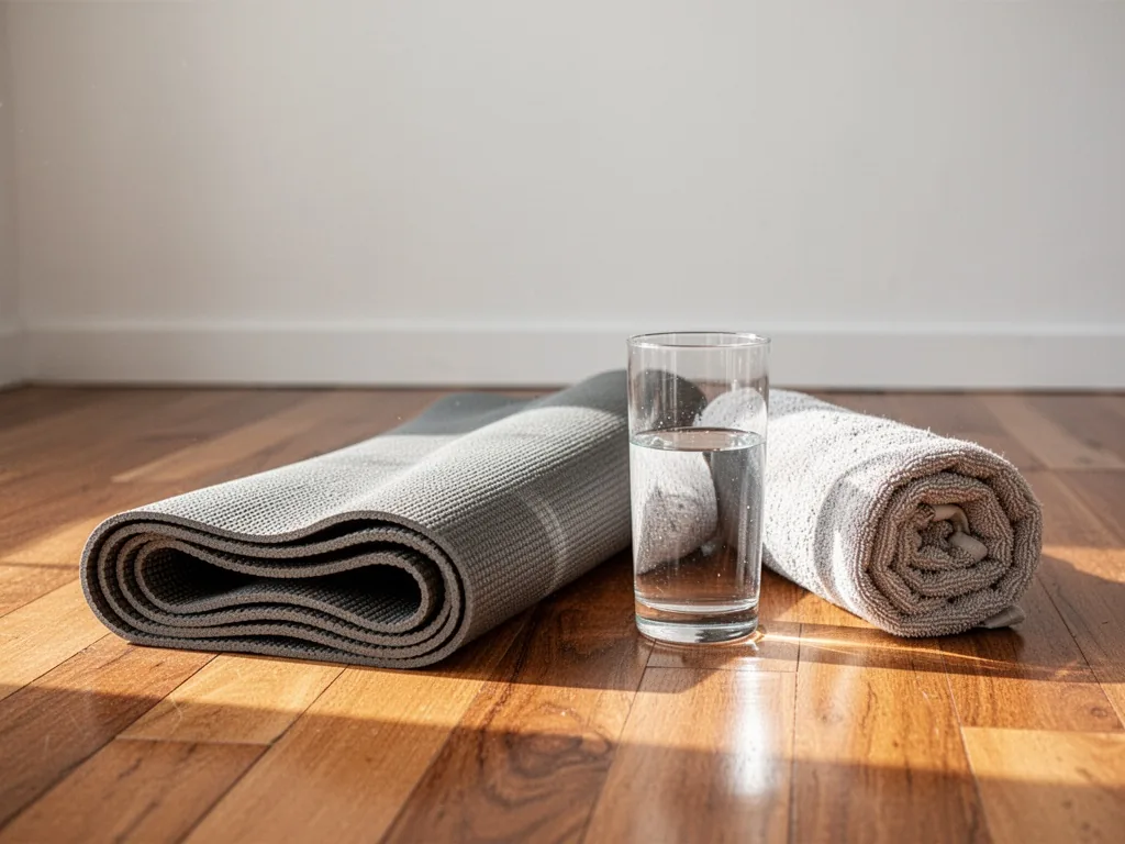 A folded cotton yoga mat and a full glass of water on warm wooden floorboards, a rolled-up bath towel beside them, plain