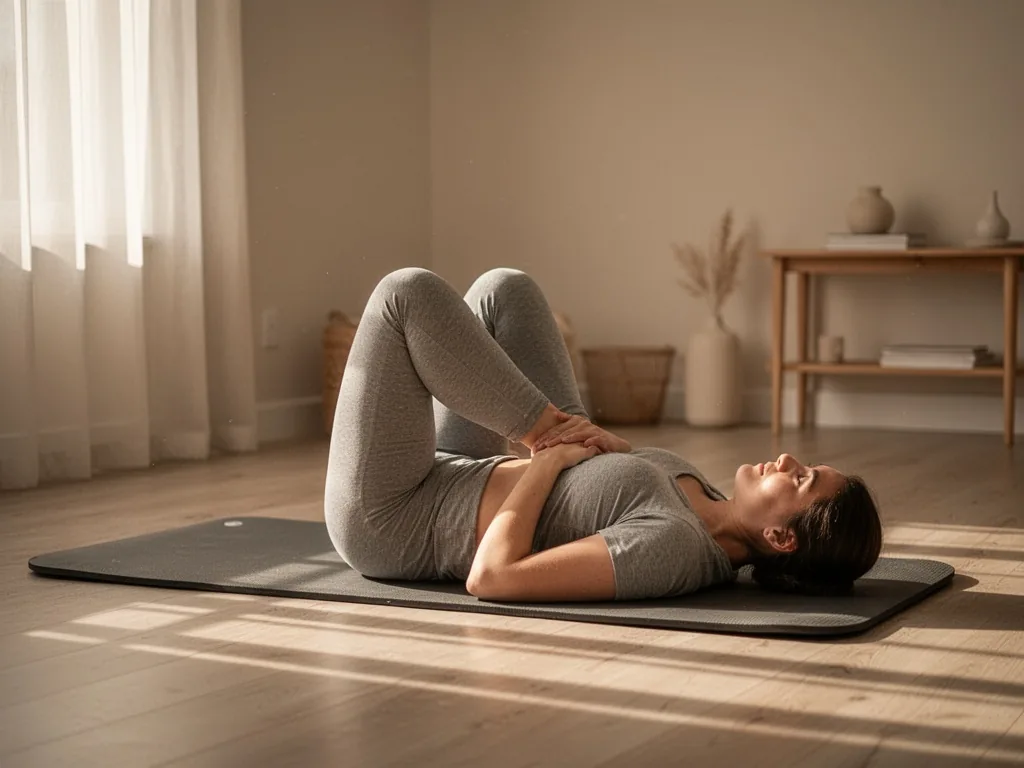 A person lying on their back on a padded mat with knees raised, hands resting on lower back, soft window light casting g
