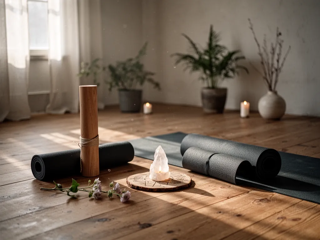 Une femme assise sur un tapis dans un salon, entourée d'un bolster, d'une couverture pliée et de briques de yoga