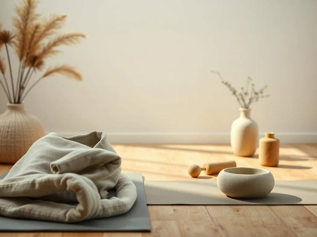 Une personne debout sur un tapis de yoga dans un salon clair, les mains jointes, en posture de la montagne