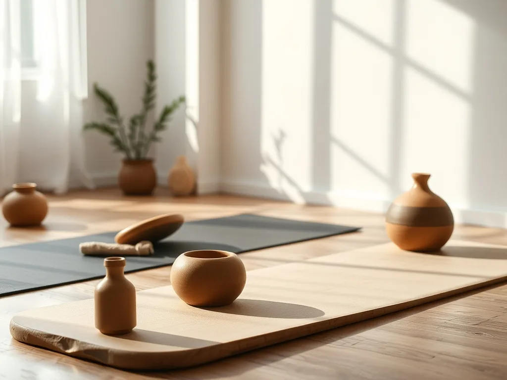 Une femme assise en tailleur sur un tapis de yoga devant un écran d'ordinateur, concentrée sur une vidéo de yoga pour débutants.