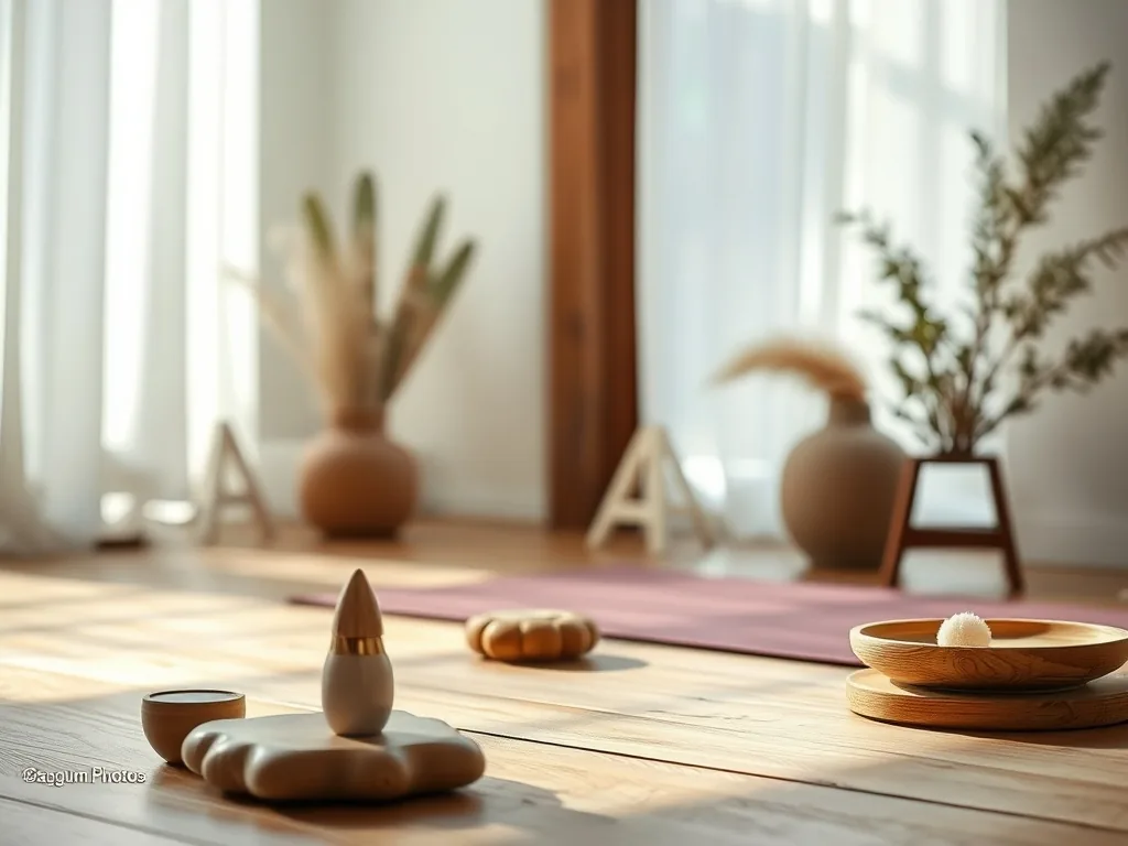 Une personne allongée sur un tapis de yoga dans une posture de yin, jambes repliées, bras relâchés, dans une pièce calme à la lumière tamisée