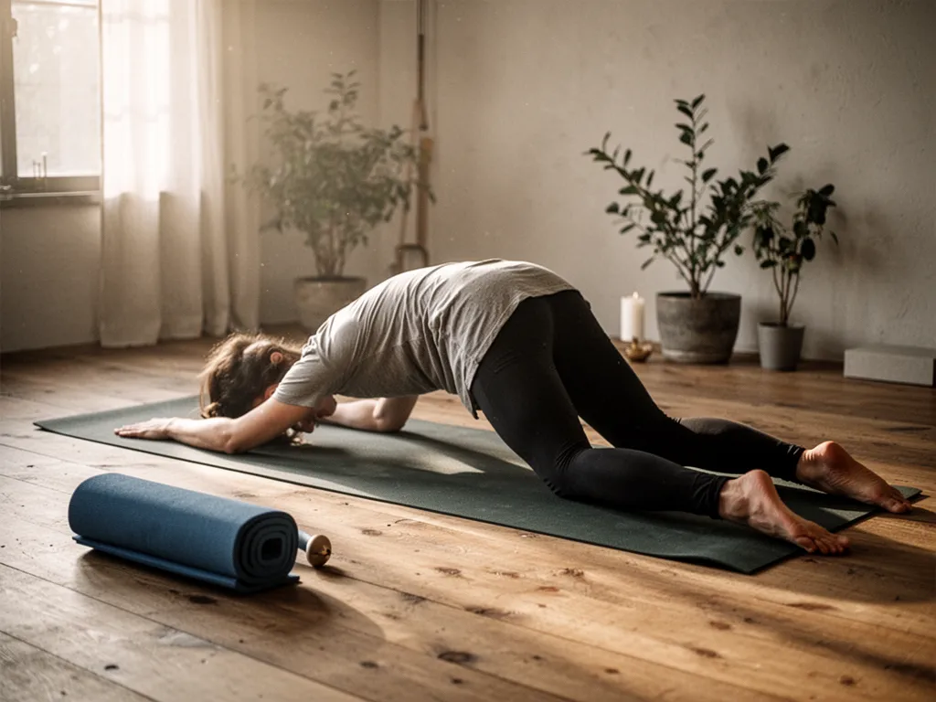 Une femme assise sur un tapis de yoga, jambes écartées dans une posture de papillon, le buste incliné vers l'avant, un bolster sous le dos et une couverture sous les genoux.