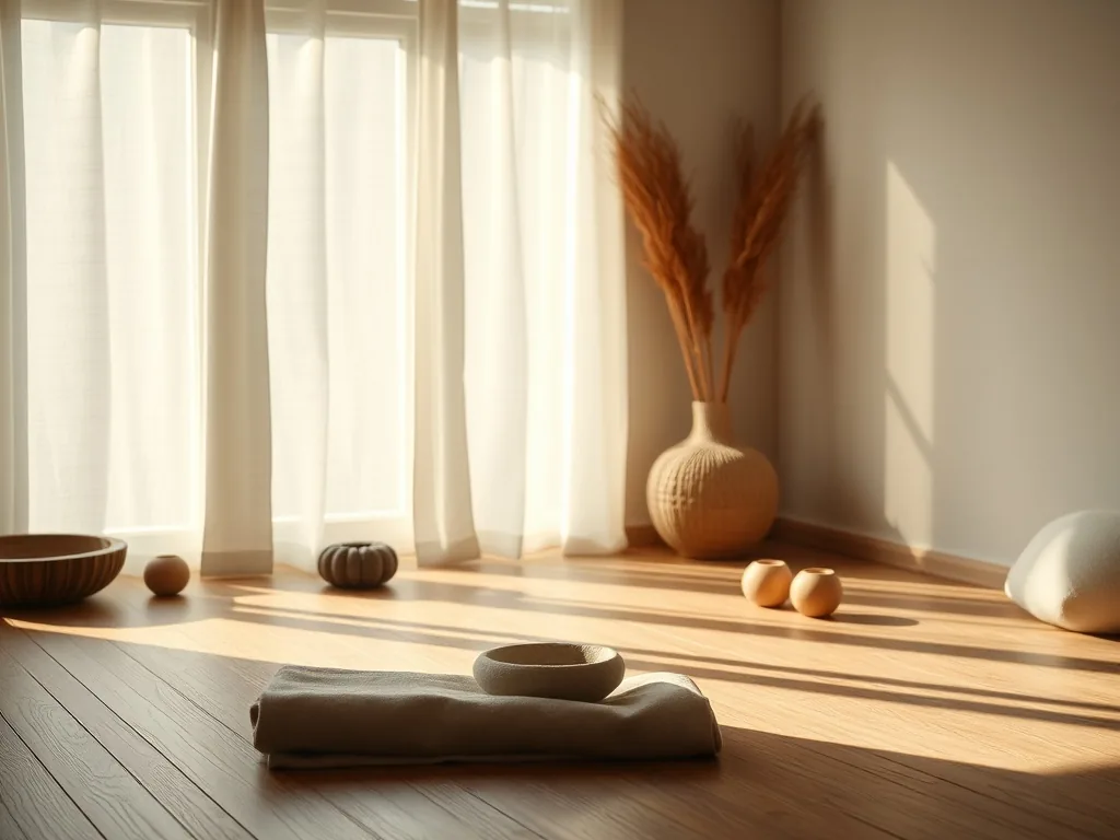 Une femme assise en posture du papillon sur un tapis de yoga, dans un salon lumineux, les yeux fermés, les mains posées sur les genoux