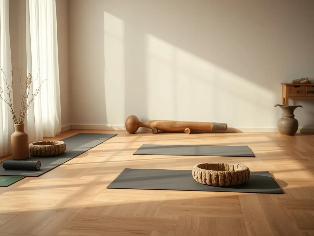 Une salle de yoga aux murs de briques toulousaines, éclairée aux chandelles, avec des pratiquants immobiles dans des postures au sol tenues par des bolsters et des couvertures.