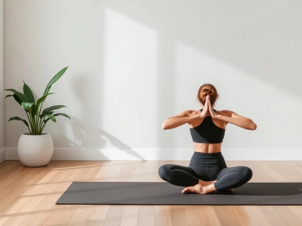 Une femme assise en tailleur sur un tapis de yoga, les mains posées sur les genoux, yeux fermés, dans un salon lumineux