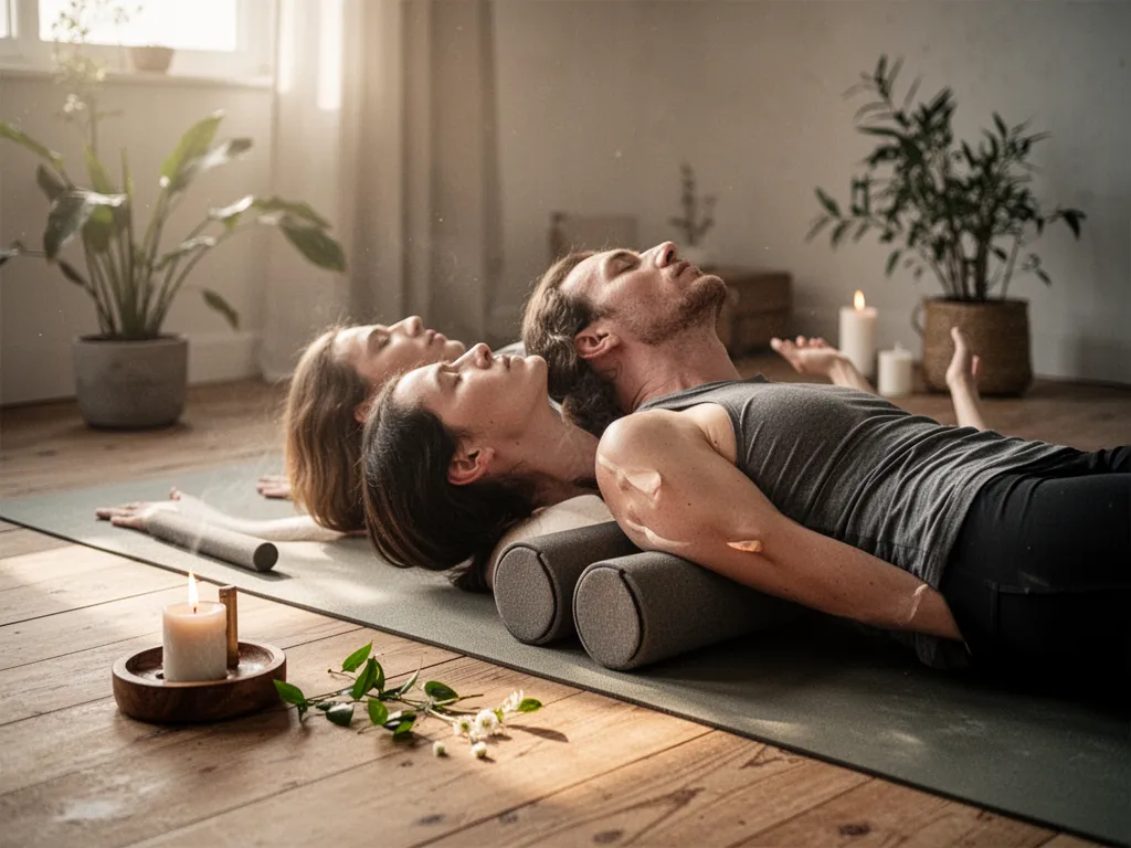 Femme en posture du chat sur un tapis de yoga, main posée à plat, regard vers le nombril, dans un salon lumineux
