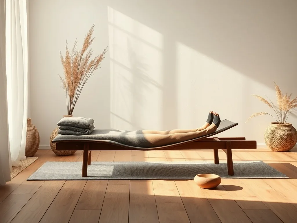 Une femme âgée assise sur une chaise dans un salon clair, les bras levés en posture de yoga, le dos droit et les pieds ancrés au sol.