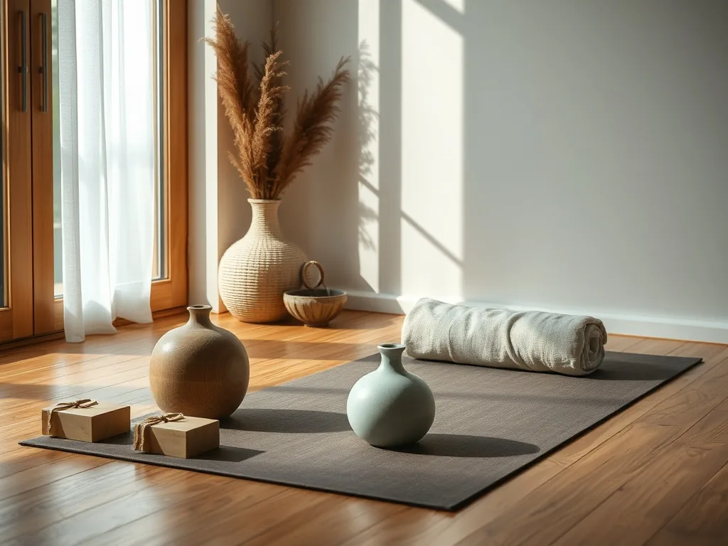 Une femme debout sur un tapis de yoga dans un salon lumineux, les mains jointes devant la poitrine, prête à commencer une séance.
