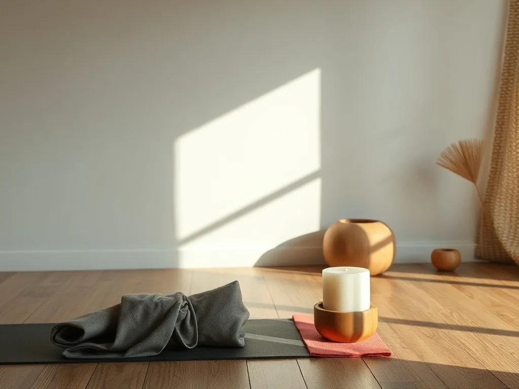 Une femme en tenue confortable est assise jambes croisées sur un tapis de yoga dans un salon lumineux, les mains posées sur les genoux, sourire détendu