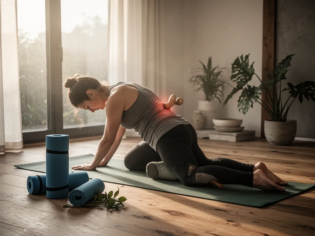 Femme allongée sur un tapis de yoga, genoux pliés, mains posées sur le bas du ventre, dans une posture de détente lombaire adaptée aux lombalgies