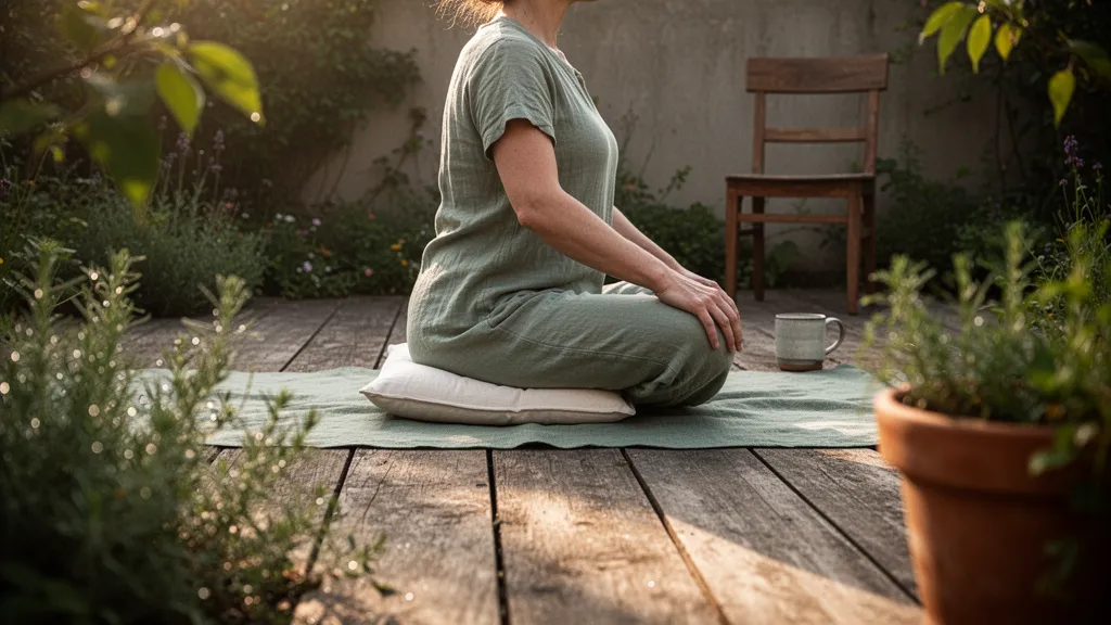 Une femme assise sur un tapis, dos arrondi puis étiré dans une posture de yoga doux