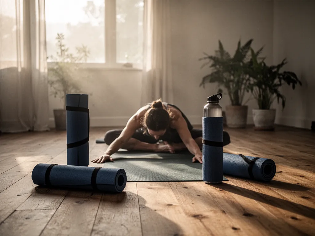 Une personne allongée sur un tapis de yoga en posture de l'enfant, les bras tendus devant elle, dans une pièce lumineuse